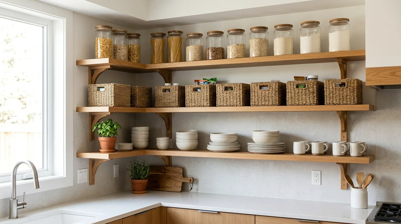 Open storage niche in modern kitchen. Selective daily-access shelving inside a sleek functional layout.