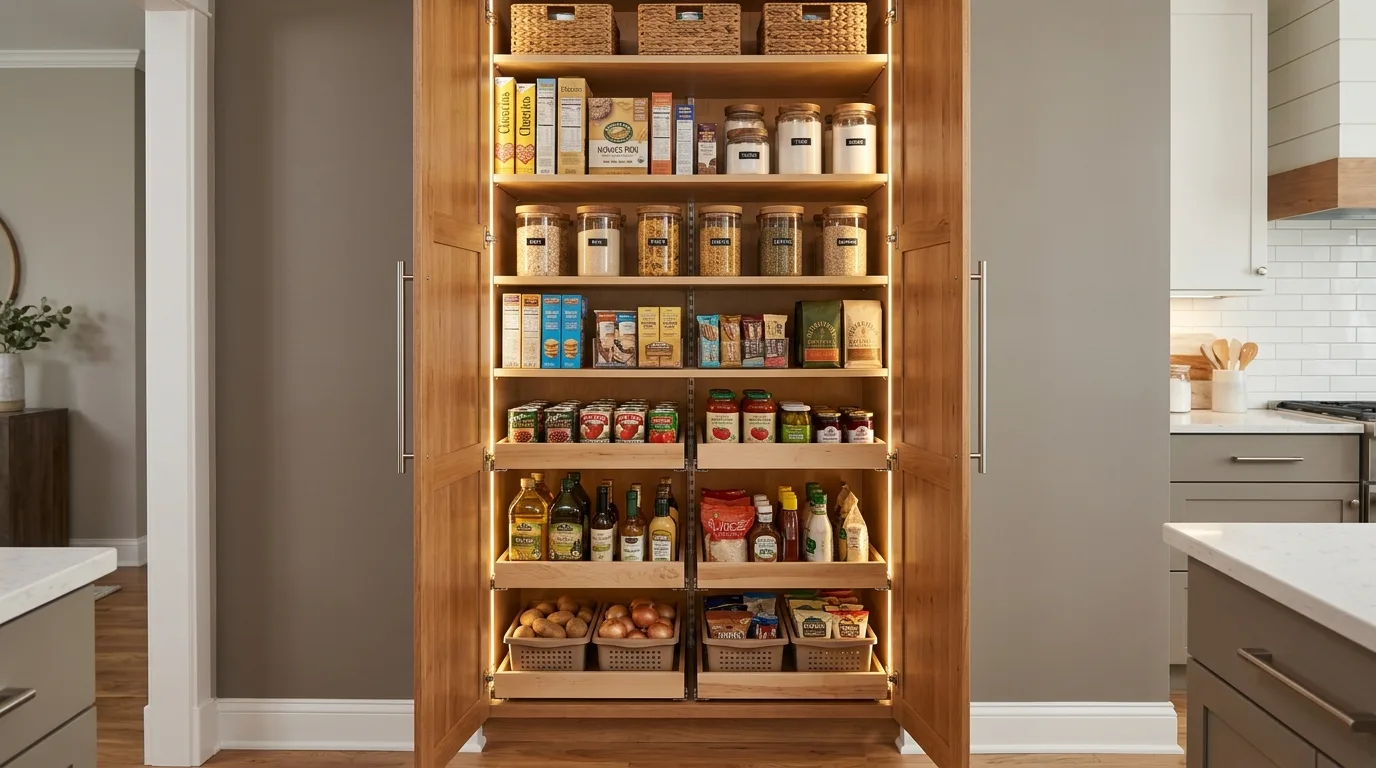 Corner pull-out storage in modern kitchen. Improved access in hard-to-reach cabinet zones.