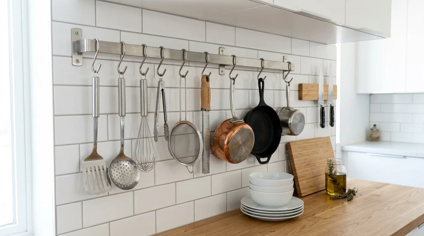 Integrated recycling drawer in modern kitchen. Hidden waste storage for a clean functional layout.
