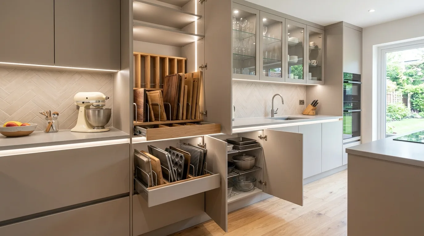 Tall pantry wall with modern storage containers. Orderly functional food storage in a sleek kitchen.