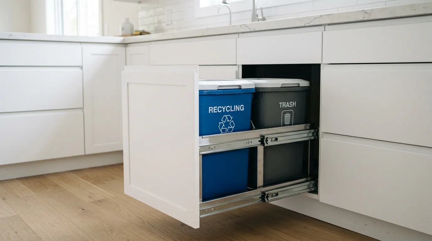 Under-island shelf in modern kitchen. Baskets and cookbooks stored in a sleek functional island.