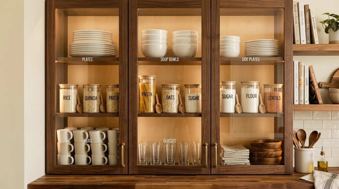 Lift-up upper cabinets in modern kitchen. Streamlined access and clean functional wall storage.
