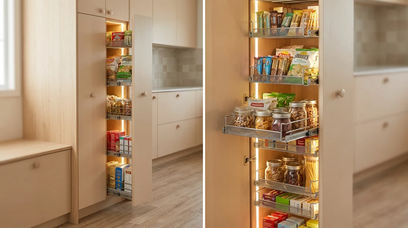 Integrated shelf lighting in modern kitchen storage. Better visibility and sleek contemporary storage design.
