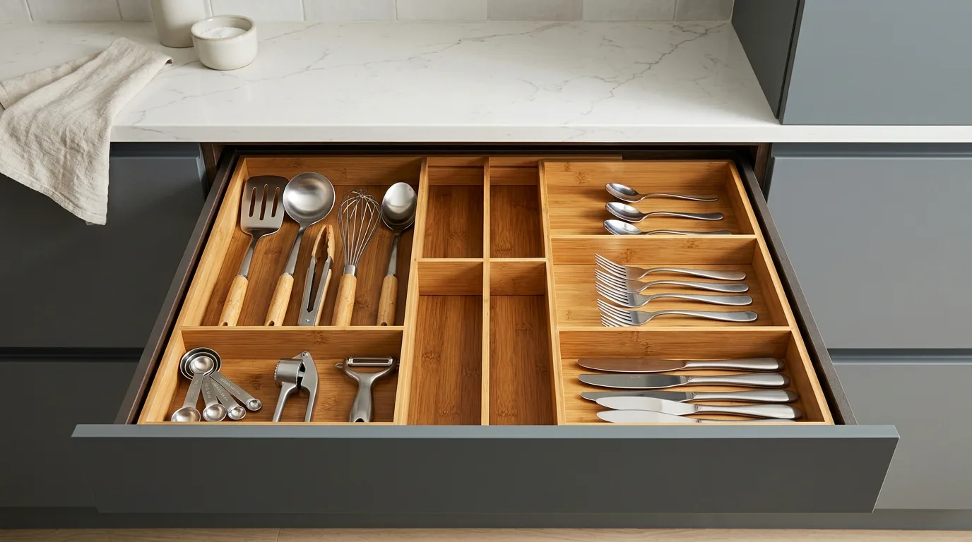 Breakfast cabinet in modern kitchen. Hidden morning station with internal work surface and storage.