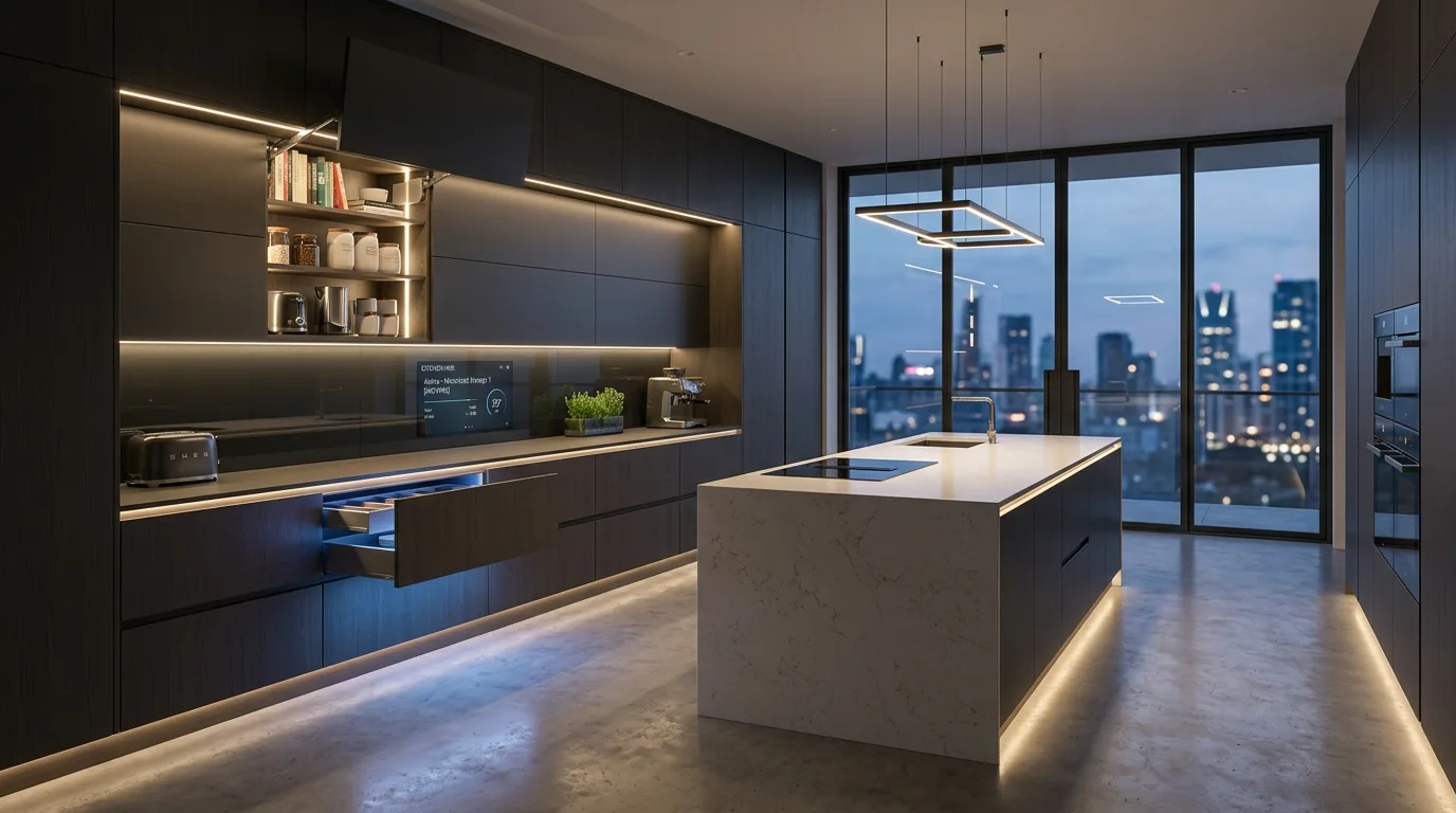 Modern kitchen storage planned by cooking workflow. Functional organized cookspace designed around daily movement.