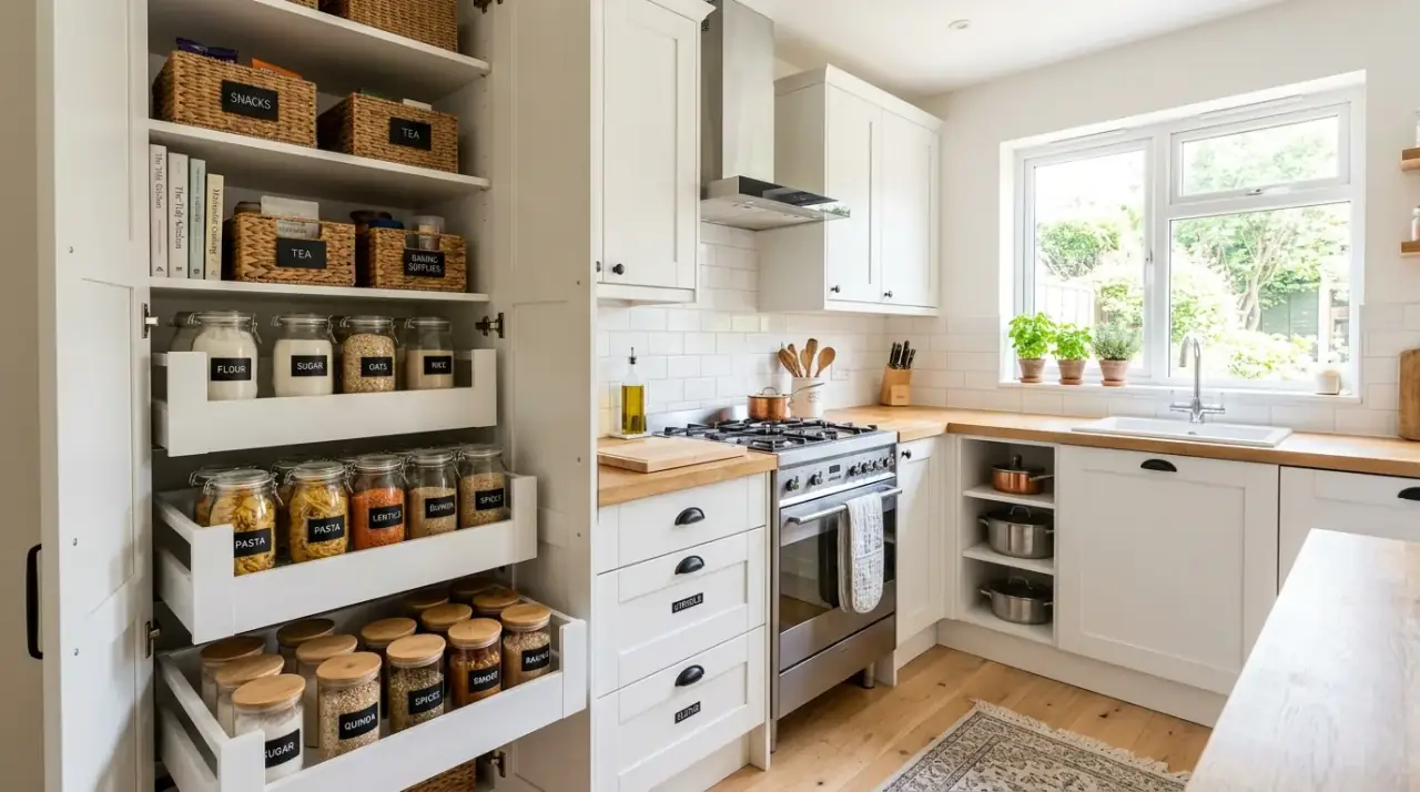 Smart small kitchen organization creating a tidy cookspace with better storage and clearer counters.
