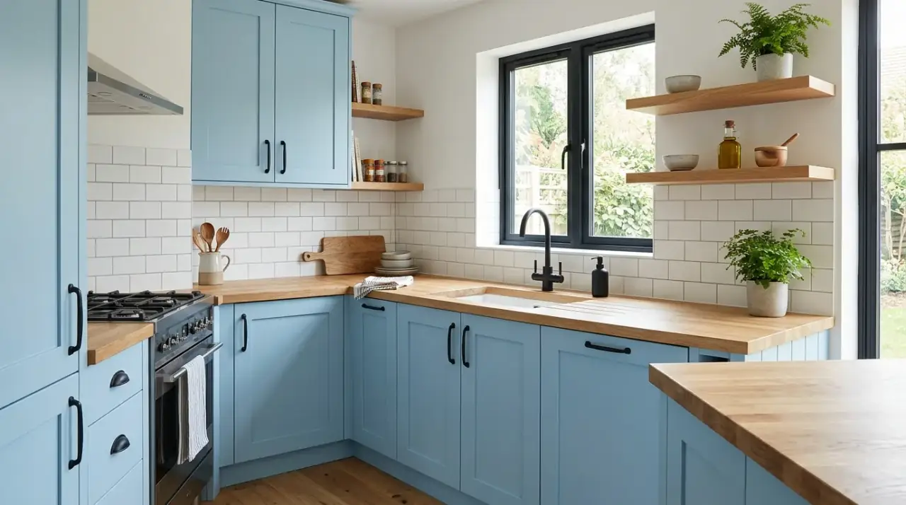 Vertical storage in small kitchen. Compact cabinet organization using shelf risers and stacked storage.