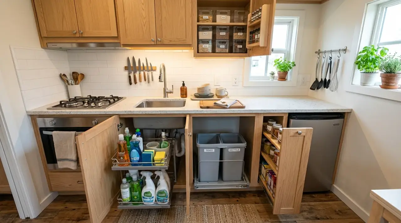Hooks and rails in small kitchen. Compact kitchen organization using wall hooks and rails for daily tools.