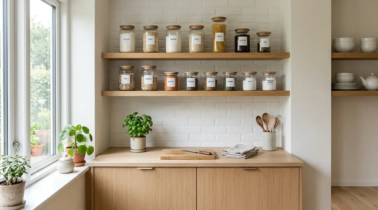 Clear containers small kitchen. Compact pantry storage using matching clear containers for a tidier look.
