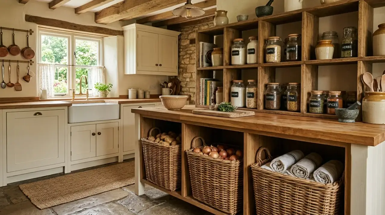 Countertop basket small kitchen. Tidy compact kitchen using one basket to contain everyday countertop overflow.
