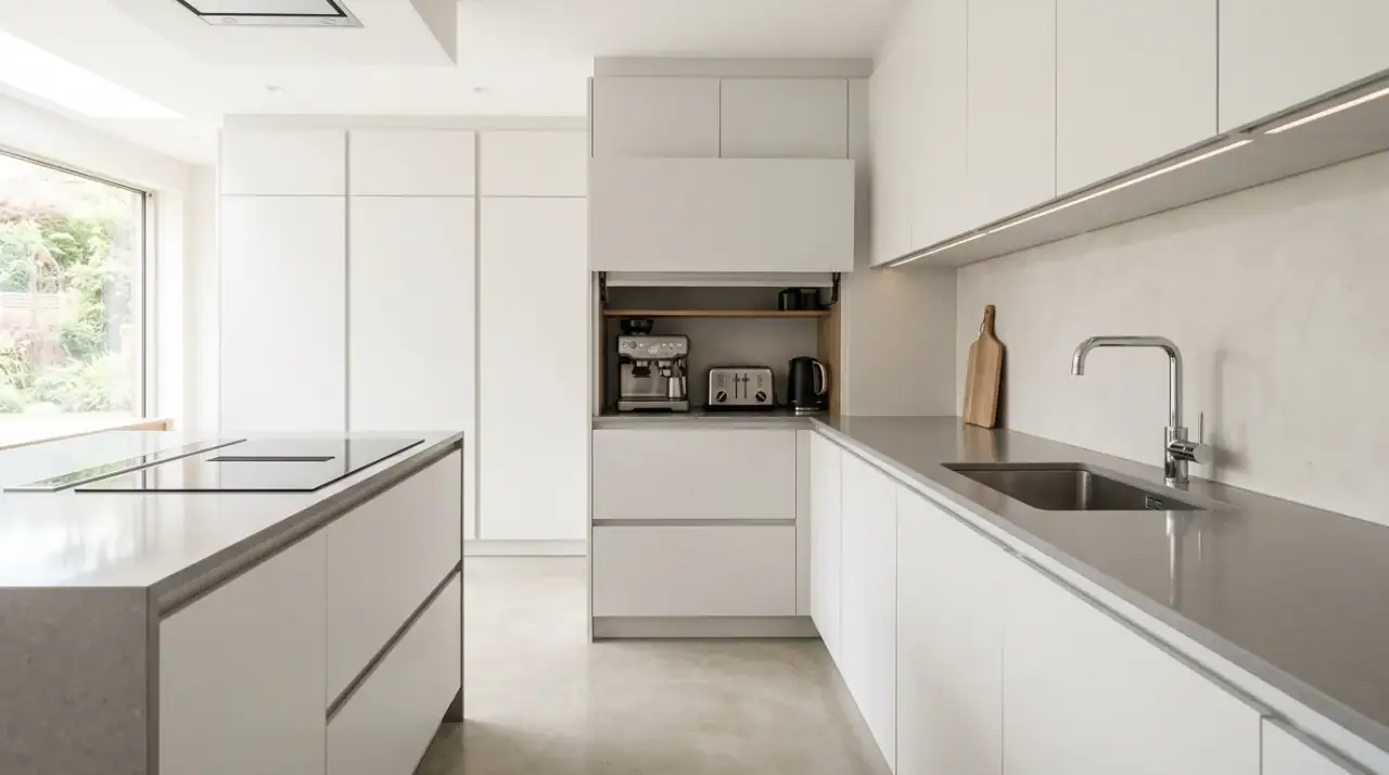 Under sink organization small kitchen. Compact kitchen under-sink storage grouped neatly with bins and trays.