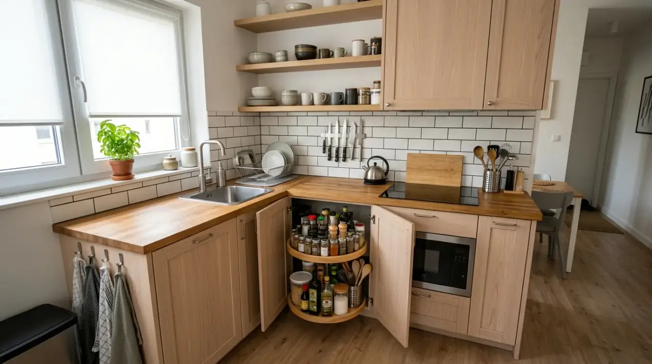 Cabinet door storage small kitchen. Compact kitchen using inside cabinet doors for extra slim storage.