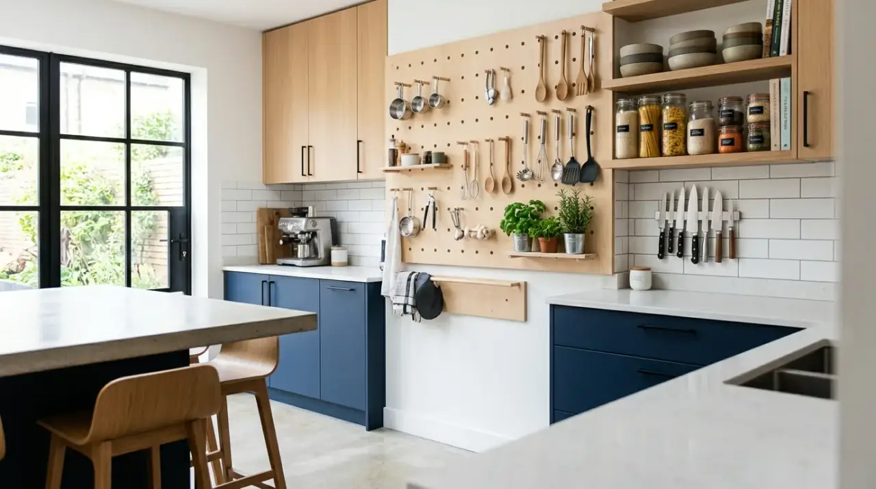 Open shelves small kitchen. Compact kitchen using carefully edited open shelving for lighter storage.