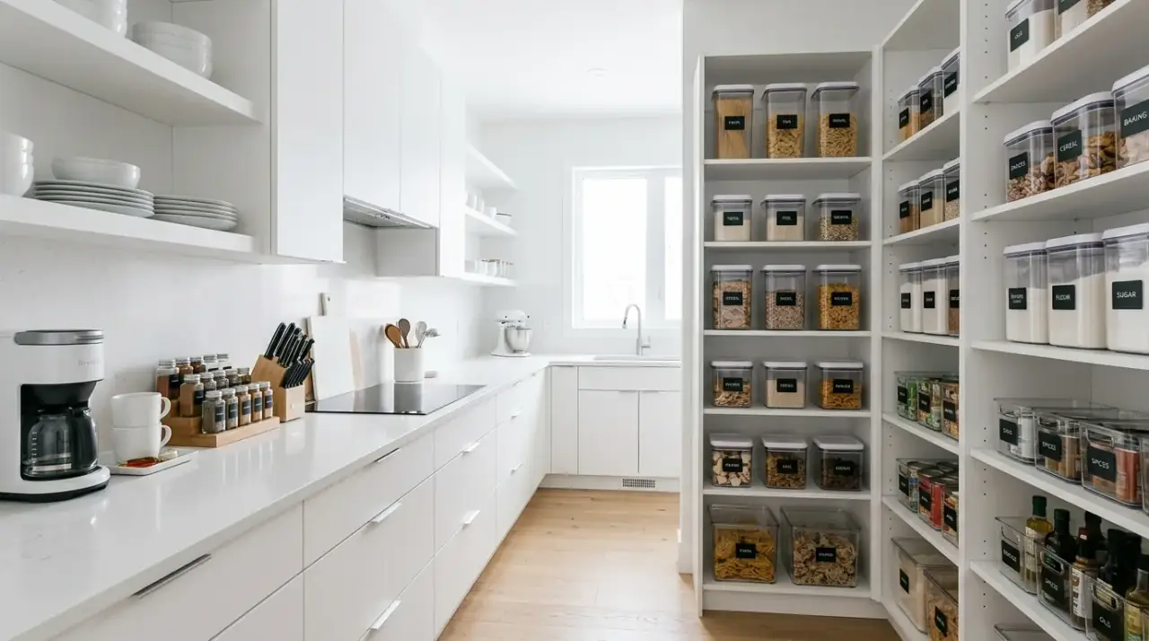 Rotate kitchen extras small space. Compact kitchen freed up by moving rare-use items out of daily storage.