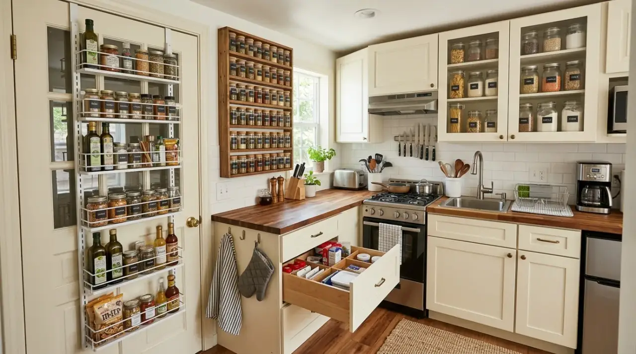 Labeled small kitchen storage. Compact kitchen organization made clearer with simple pantry and bin labels.