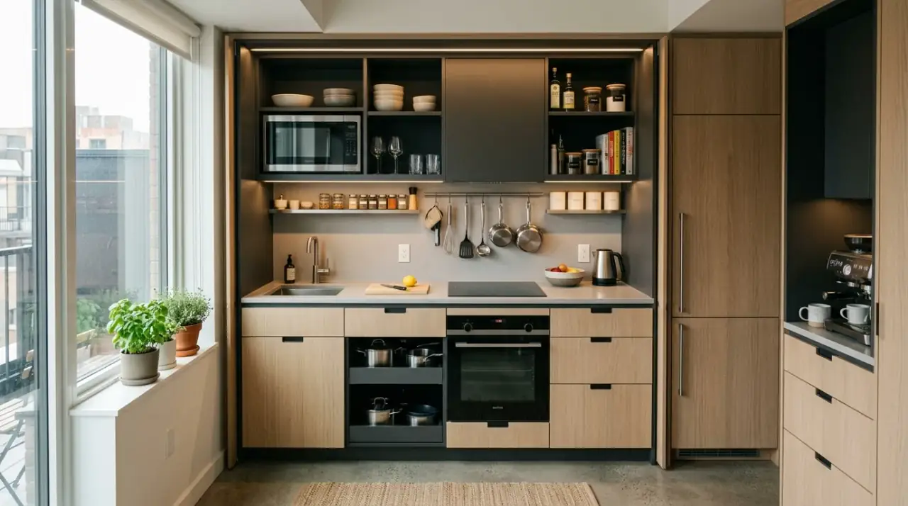Small kitchen organization overview. Tidy compact cookspace shaped by smart storage and calm organization.