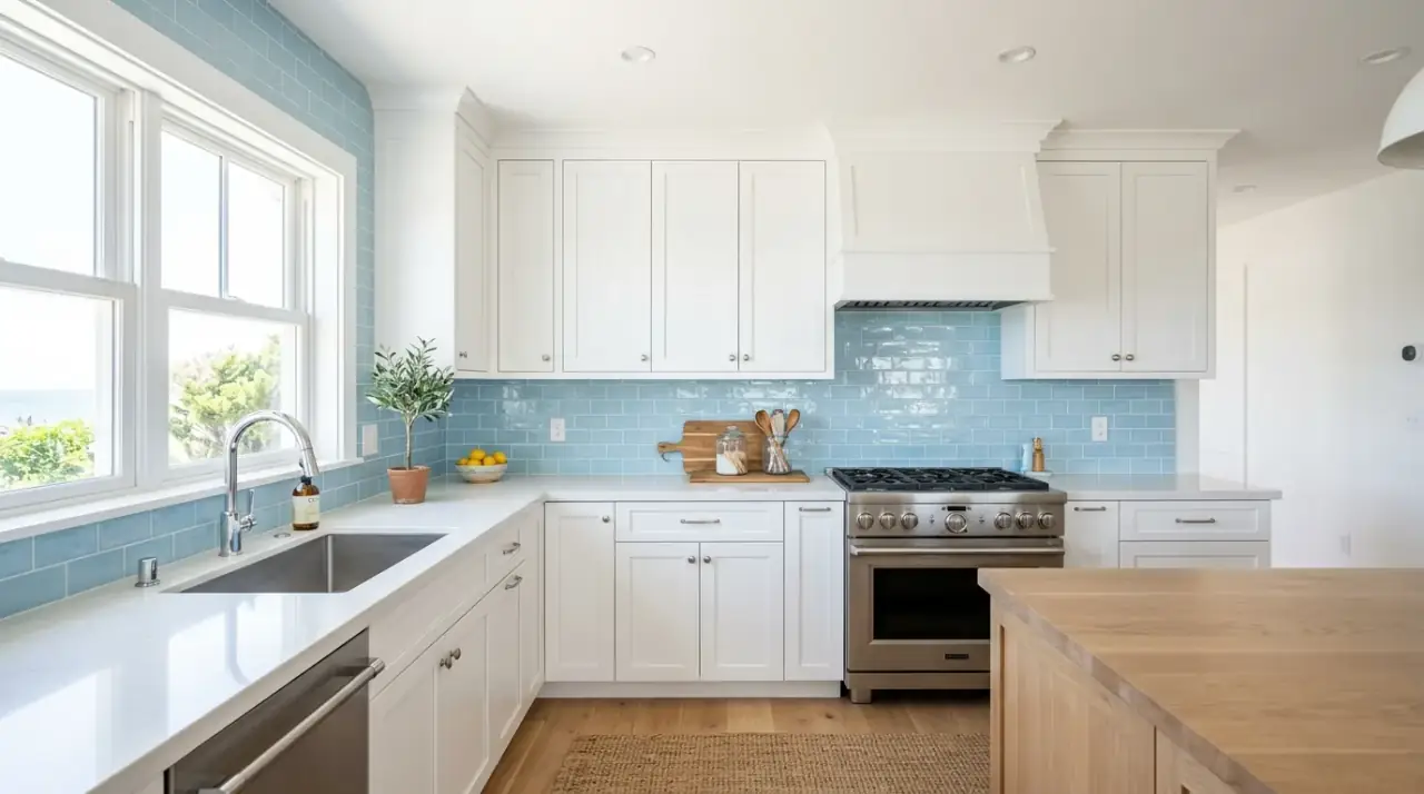 Soft light blue kitchen backsplash creating a coastal feel with airy breezy color.