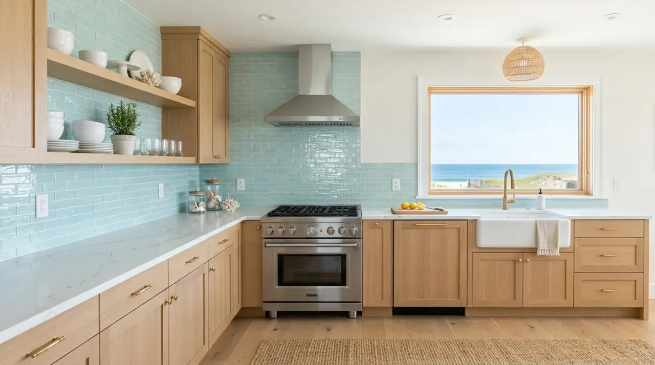Light blue backsplash with white cabinets. Fresh coastal kitchen with soft blue backsplash and white cabinetry.