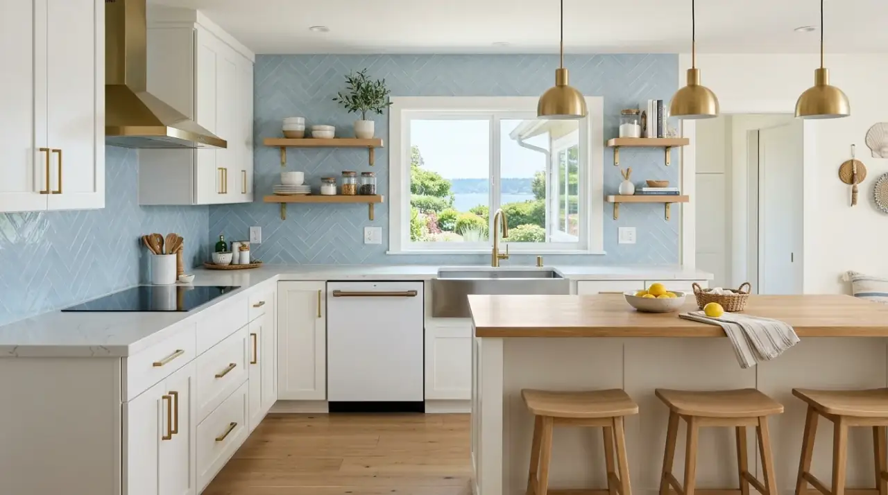 Handmade light blue tile backsplash. Coastal style kitchen with handmade soft light blue backsplash tile.