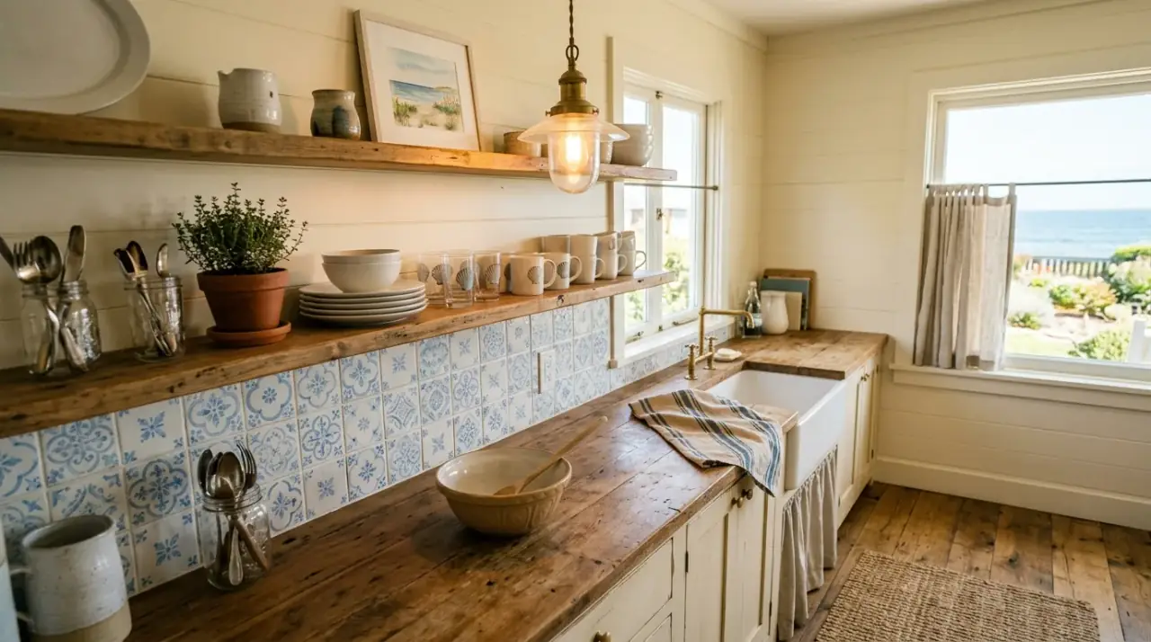 Light blue backsplash with wood. Coastal kitchen pairing soft blue backsplash tile with pale wood accents.
