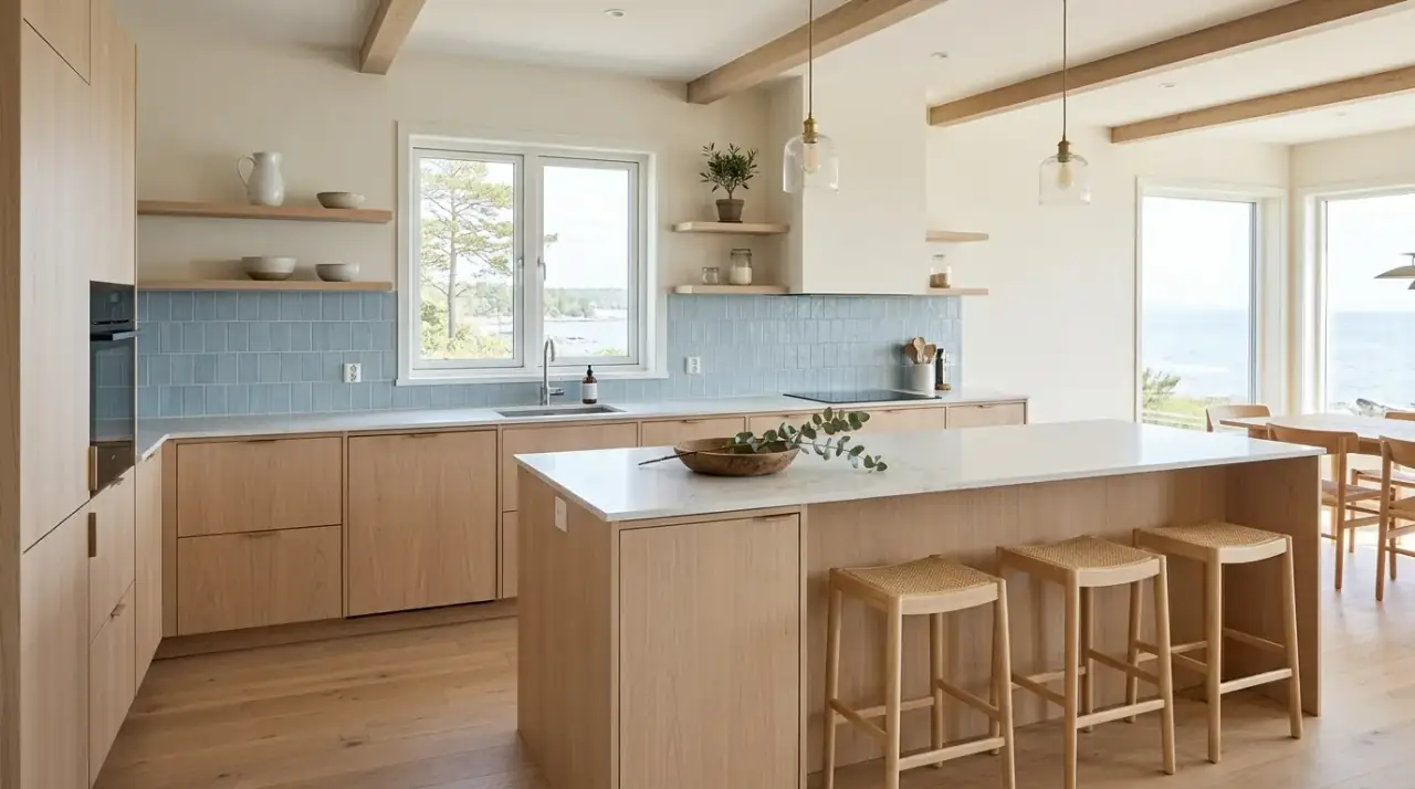 Elongated light blue backsplash. Modern coastal kitchen with elongated soft light blue backsplash tile.