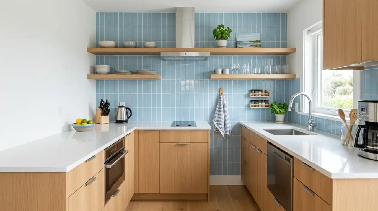 Simple coastal kitchen blue backsplash. Soft light blue backsplash serving as the main coastal feature in the kitchen.