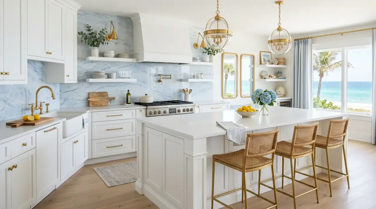 Daylit light blue backsplash. Coastal kitchen backsplash in soft blue glowing in natural light.
