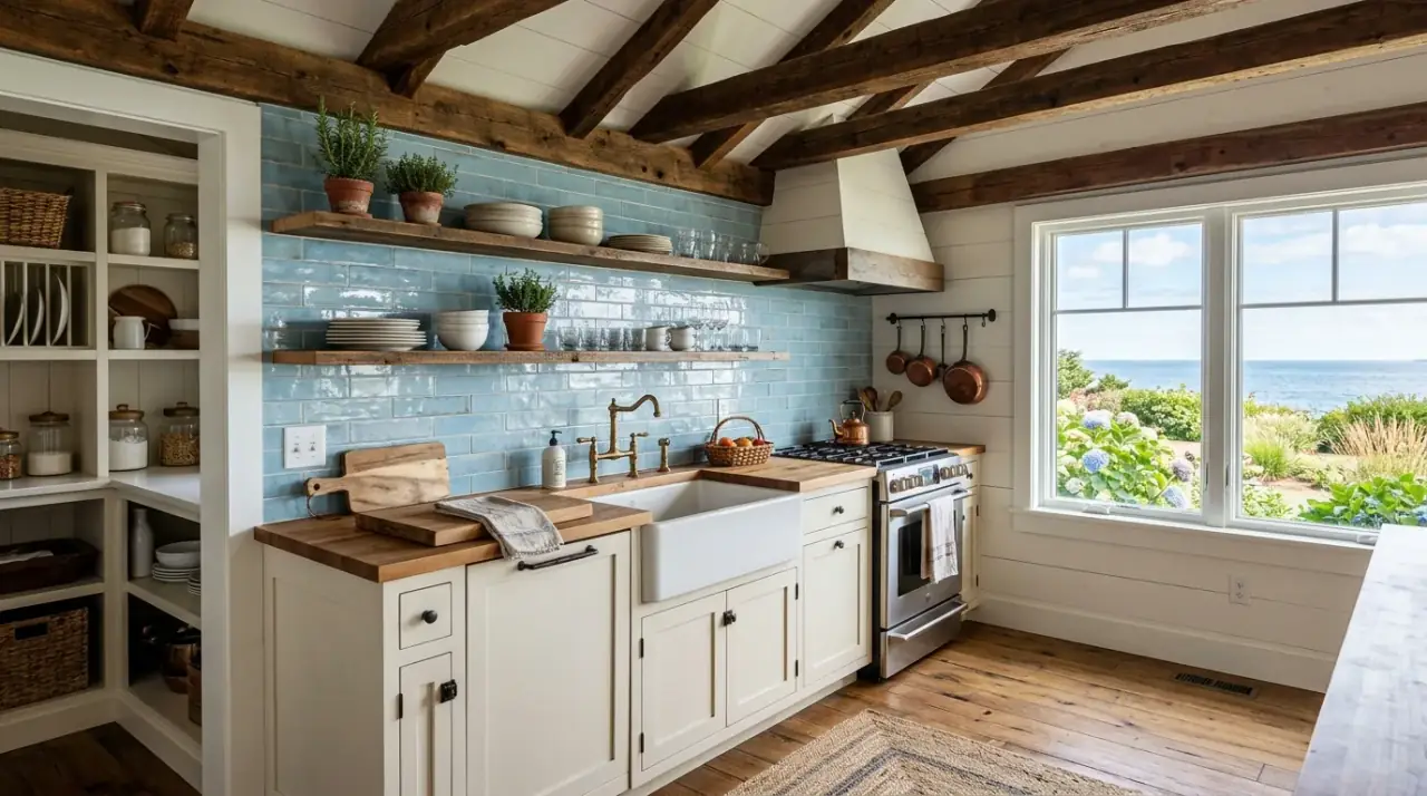 Blue backsplash behind open shelves. Soft light blue coastal backsplash used behind open shelving.