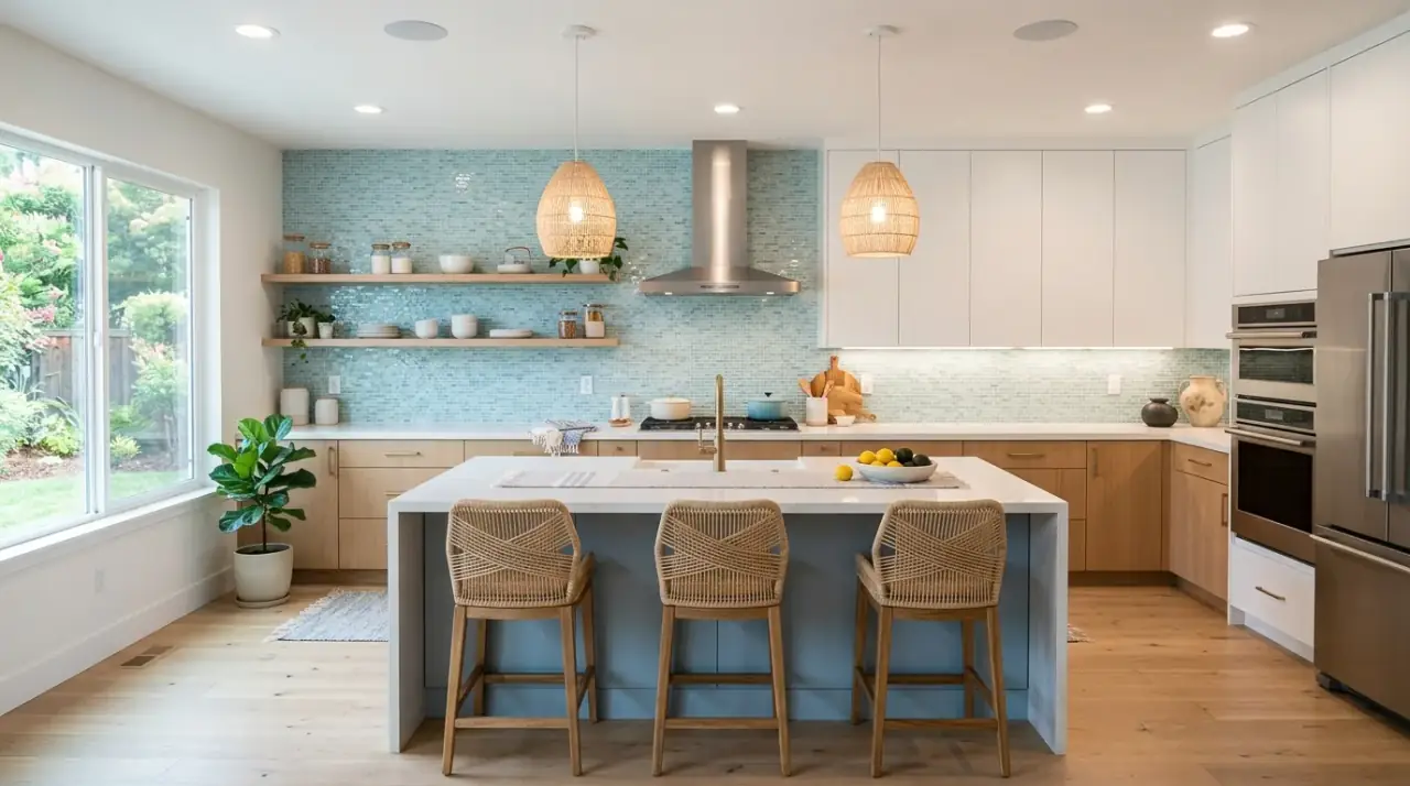Grey blue coastal backsplash. Coastal feel kitchen with a soft grey blue backsplash.