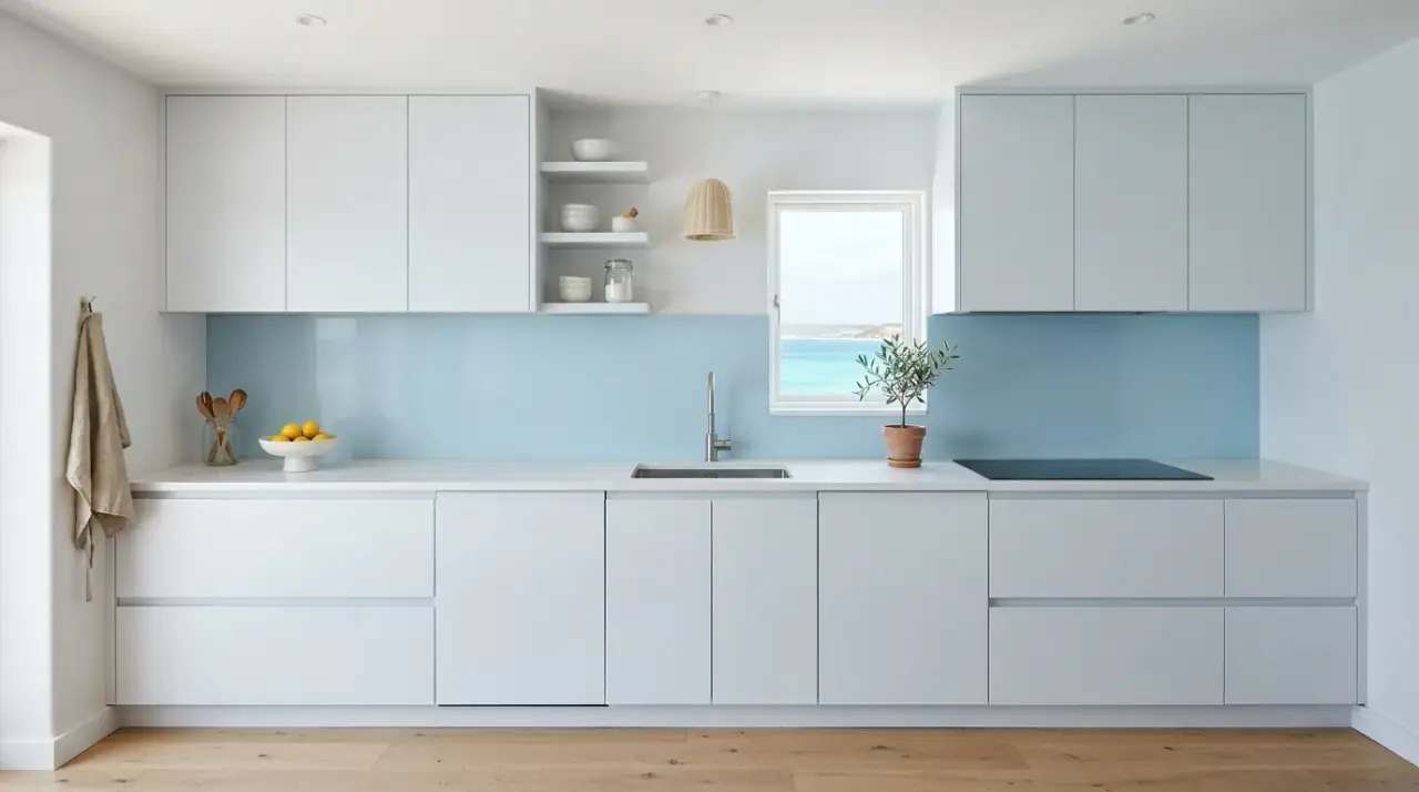 White grout blue backsplash. Soft light blue backsplash with white grout for a crisp coastal feel.
