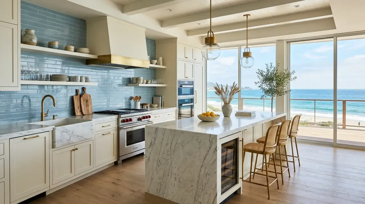 Light decor with blue backsplash. Coastal kitchen with soft blue backsplash and visually light supporting decor.