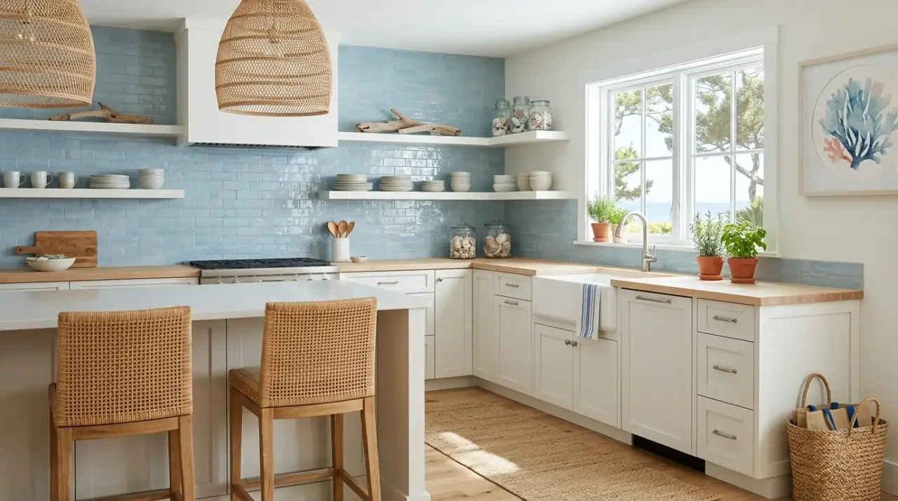 Light blue coastal backsplash overview. Soft light blue kitchen backsplash creating a refined coastal feel.