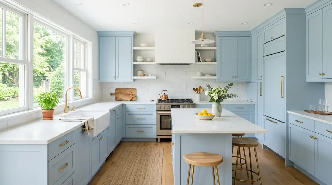 Soft light blue kitchen cabinets creating a calm airy cookspace with fresh gentle color.