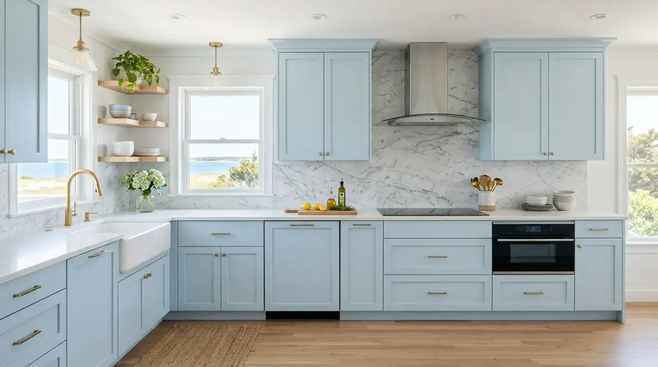 Blue cabinets with brass hardware. Soft light blue kitchen cabinets paired with warm metal hardware.