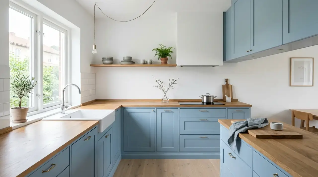 Pale wood with blue cabinets. Airy kitchen with soft blue cabinets and pale wood accents.