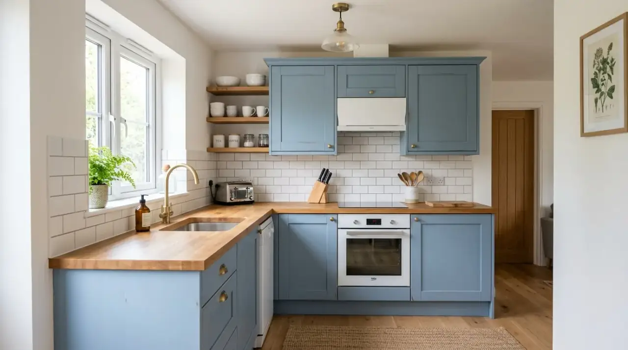 Light blue lower cabinets. Calm airy kitchen with soft light blue lower cabinets only.