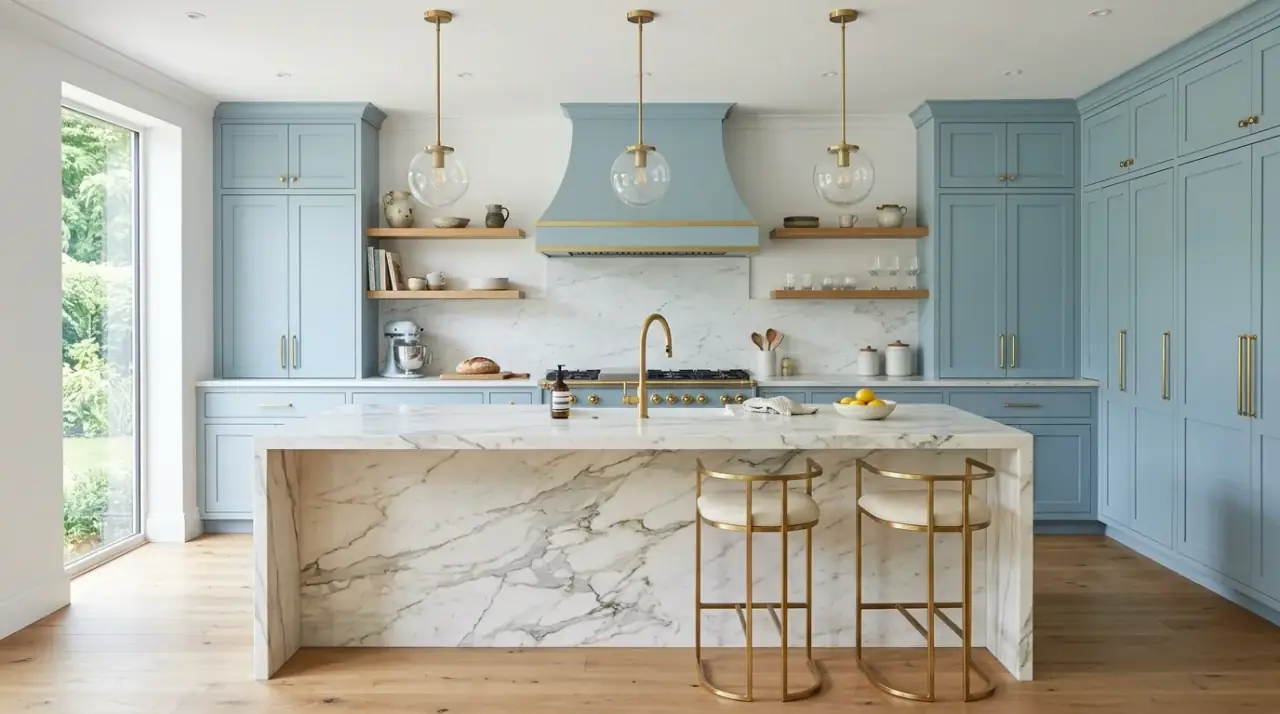 Dusty light blue kitchen cabinets. Calm airy cookspace with dusty soft blue painted cabinets.