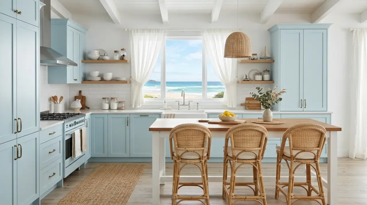 Light counters with blue cabinets. Soft blue kitchen cabinets paired with bright light stone counters.