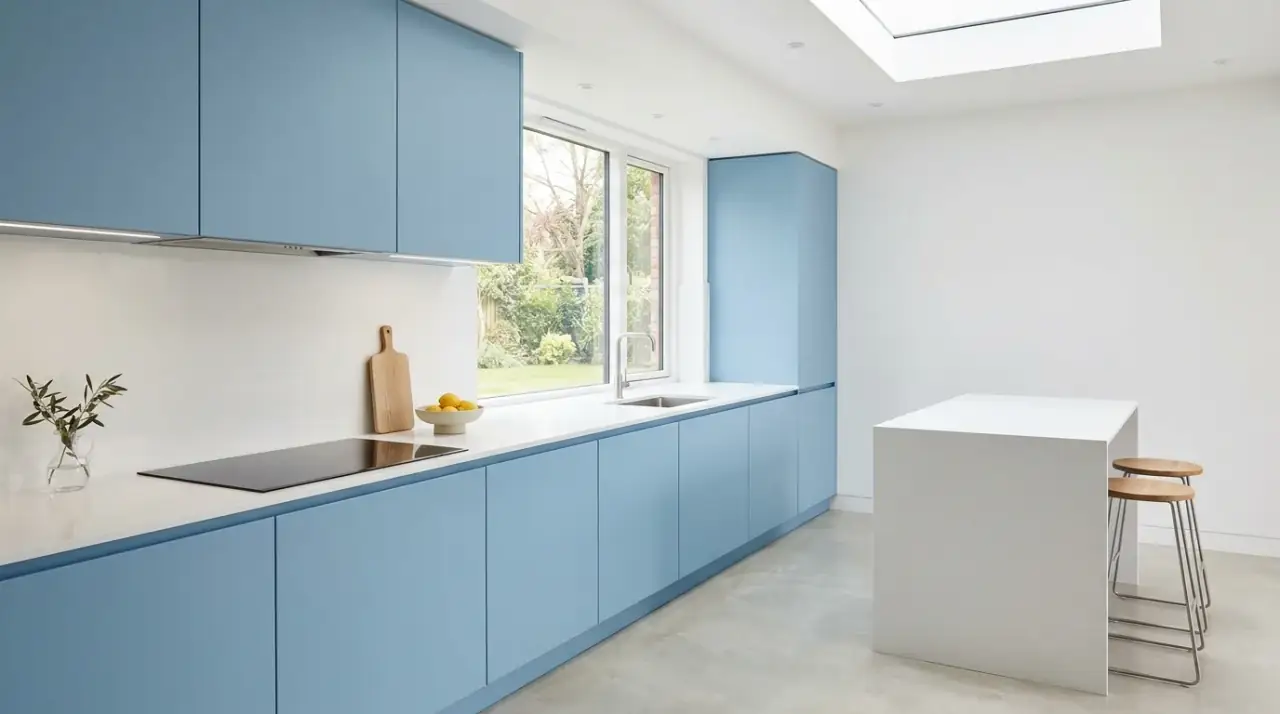 Blue kitchen with black accents. Calm airy kitchen using soft blue cabinets and light black definition.