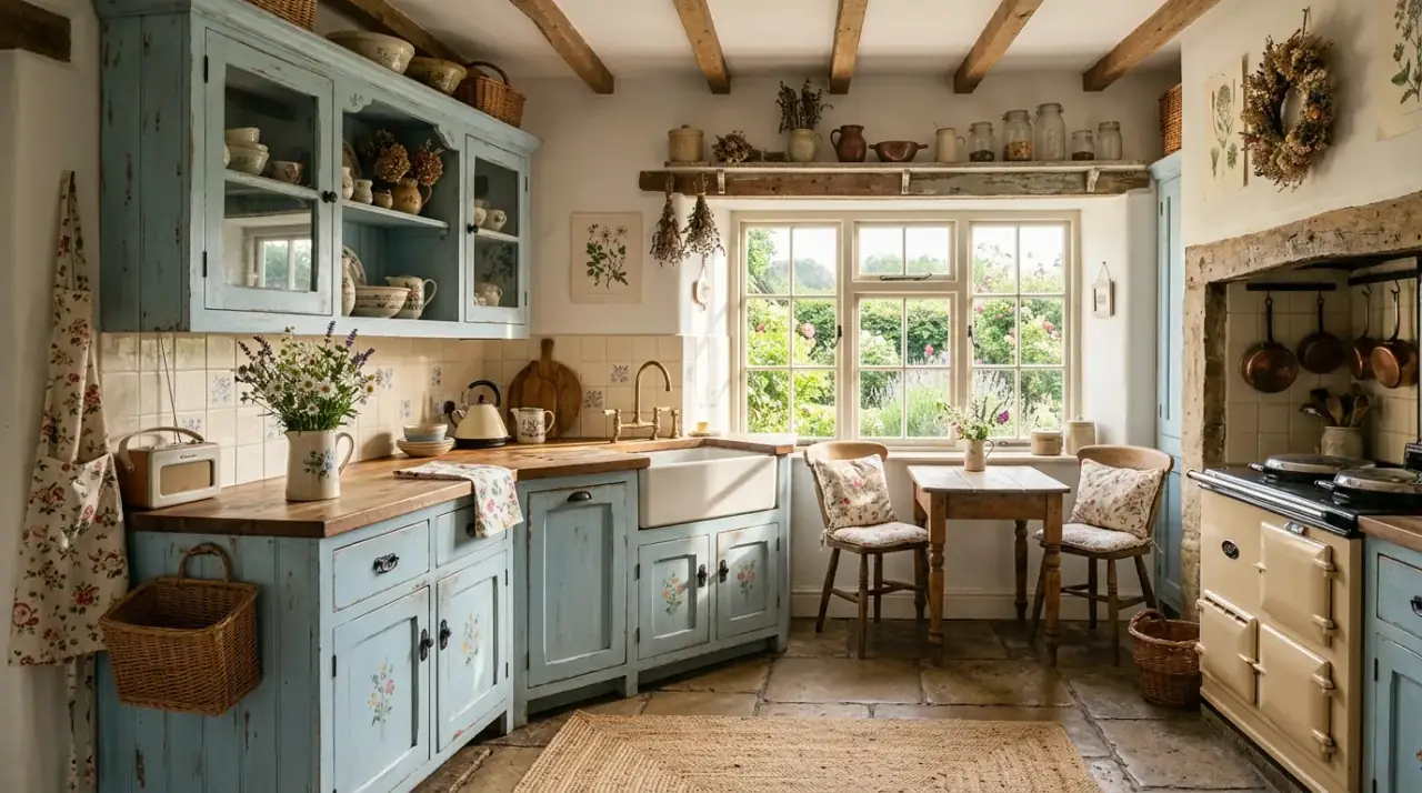 Small kitchen soft blue cabinets. Compact kitchen made airy with soft light blue cabinets.