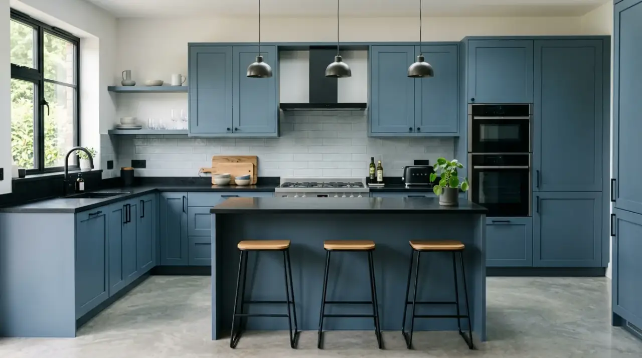 Daylit light blue kitchen cabinets. Airy kitchen with soft blue cabinets glowing in changing daylight.