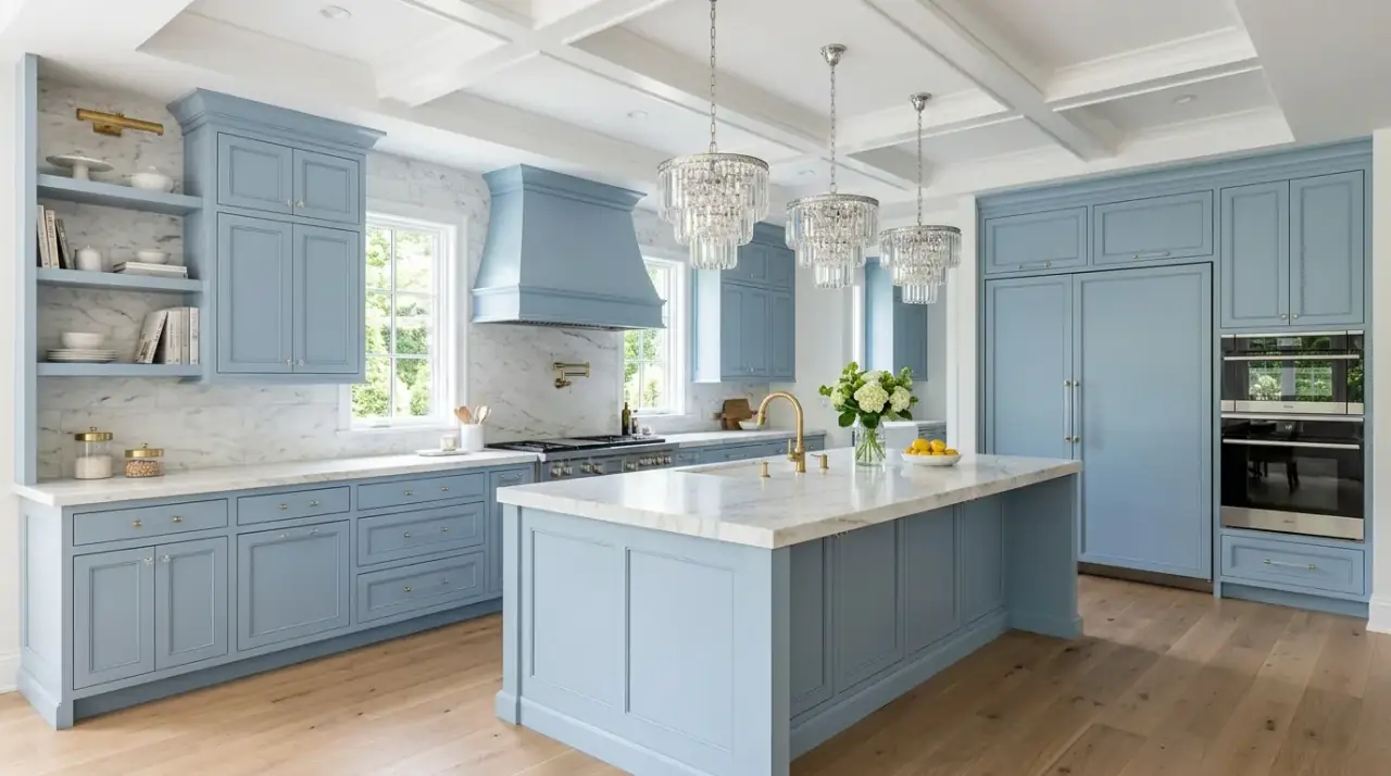 Cottage details with blue cabinets. Soft blue kitchen cabinets styled with cottage or transitional details.