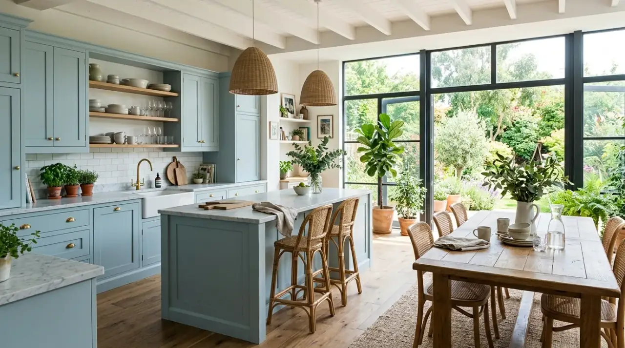 Textured styling blue kitchen. Calm airy kitchen with soft blue cabinets and natural textured decor.