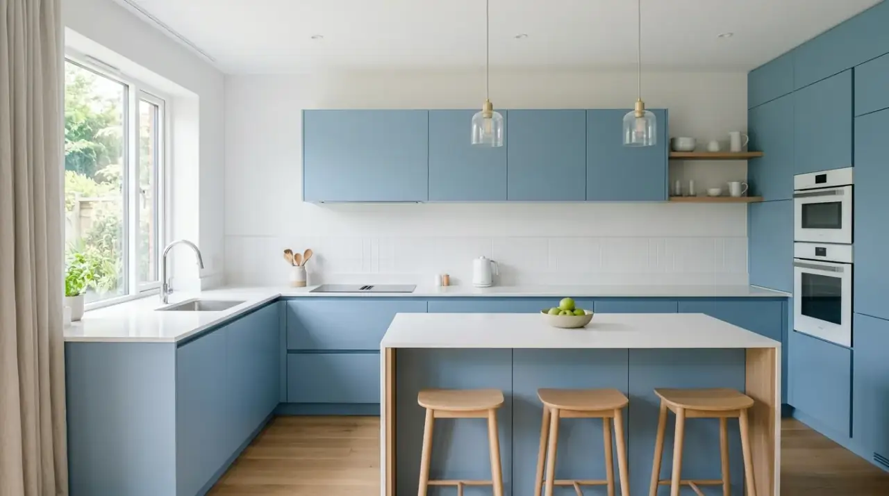 Soft blue kitchen overview. Calm airy cookspace designed around soft light blue kitchen cabinets.