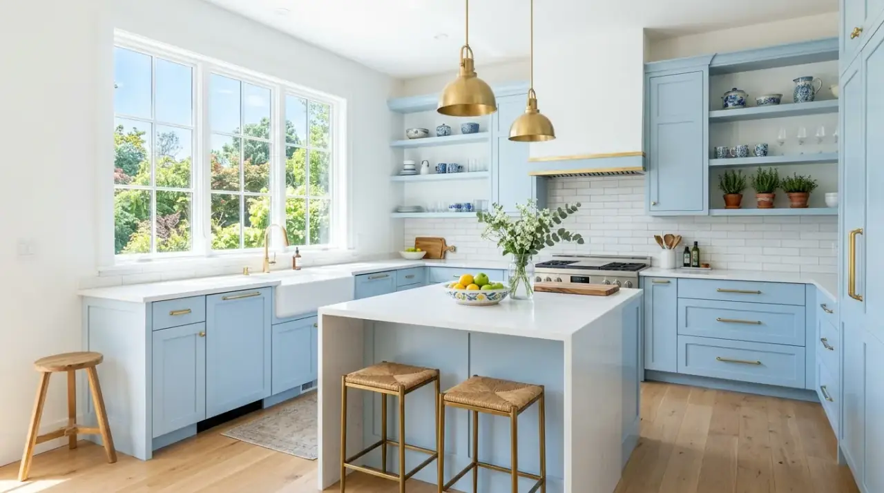 Soft light blue kitchen cabinets creating a calm and airy space with a serene sky-inspired palette.