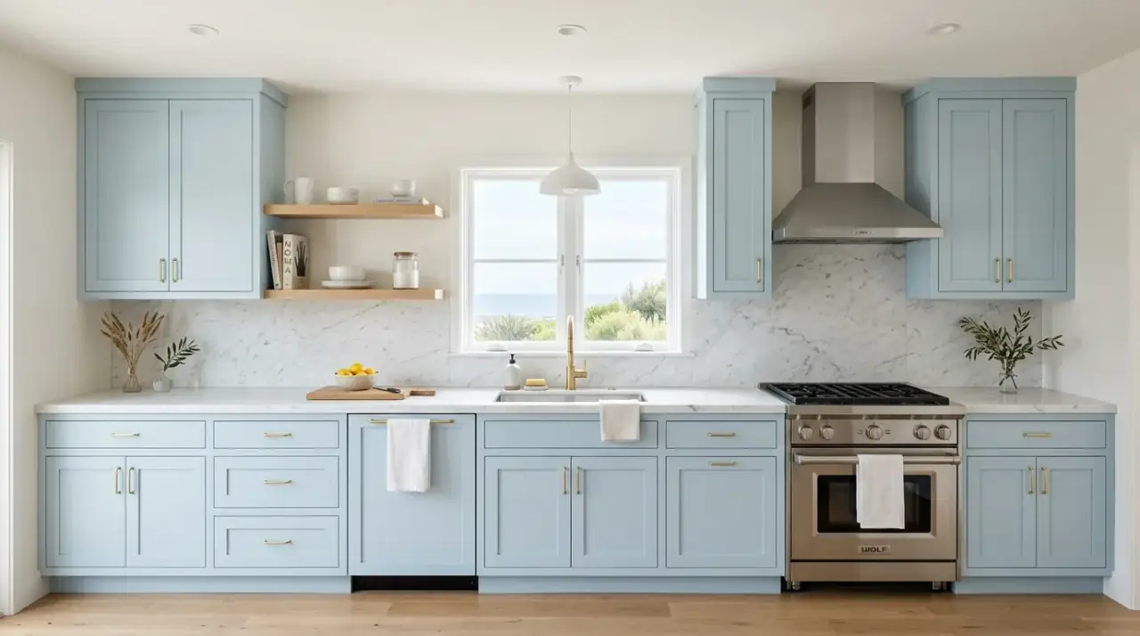 Blue cabinets with brass hardware. Light blue kitchen cabinets warmed by softly contrasting brass handles.