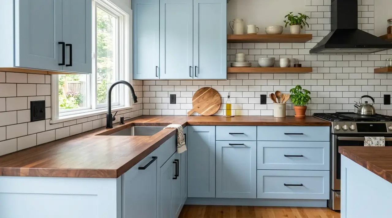 Light blue cabinets with wood accents. Soft blue kitchen cabinetry balanced by natural wood details and texture.