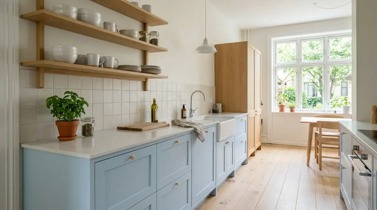 Blue lower cabinets kitchen. Soft light blue base cabinets paired with bright white upper cabinetry.