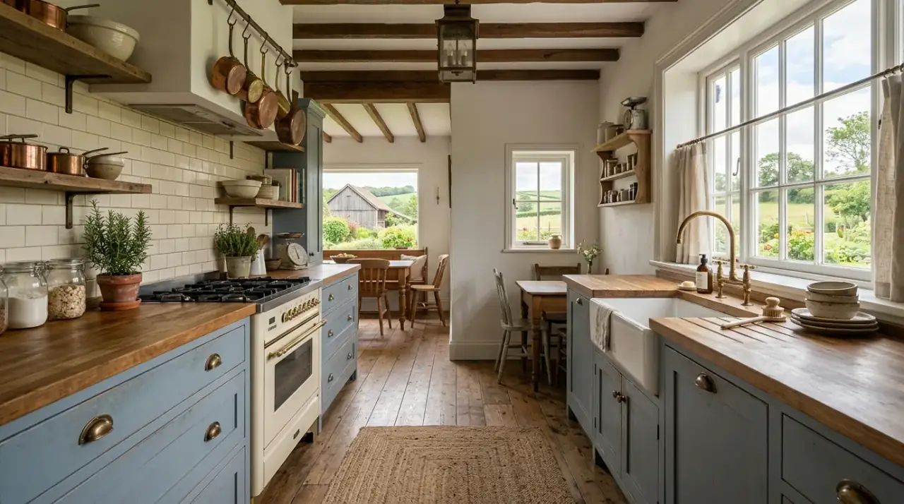Grey blue kitchen cabinets. Muted light blue cabinets creating a mature and serene kitchen palette.