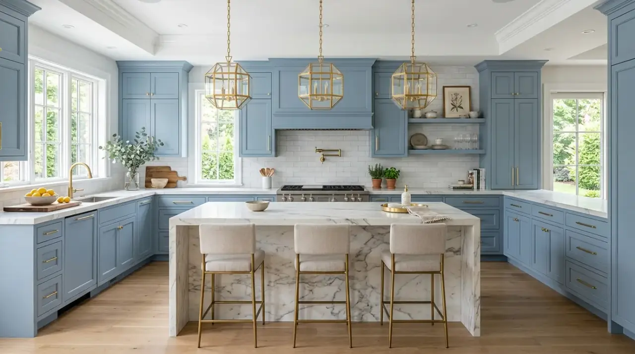 Blue cabinets with veined stone. Soft light blue cabinetry paired with marble or veined quartz surfaces.